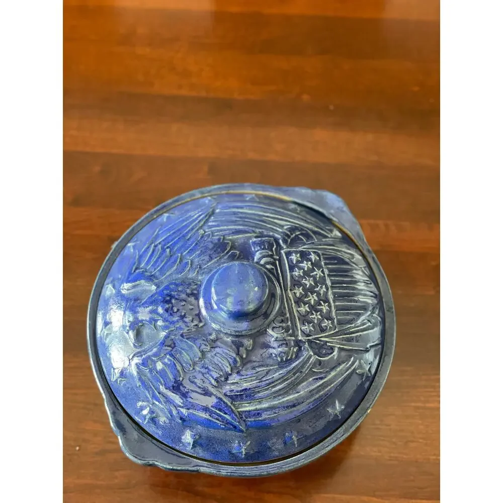 Handmade Blue Stoneware  1.5L Casserole Dish w/ Lid USA Crafted Patriotic Design